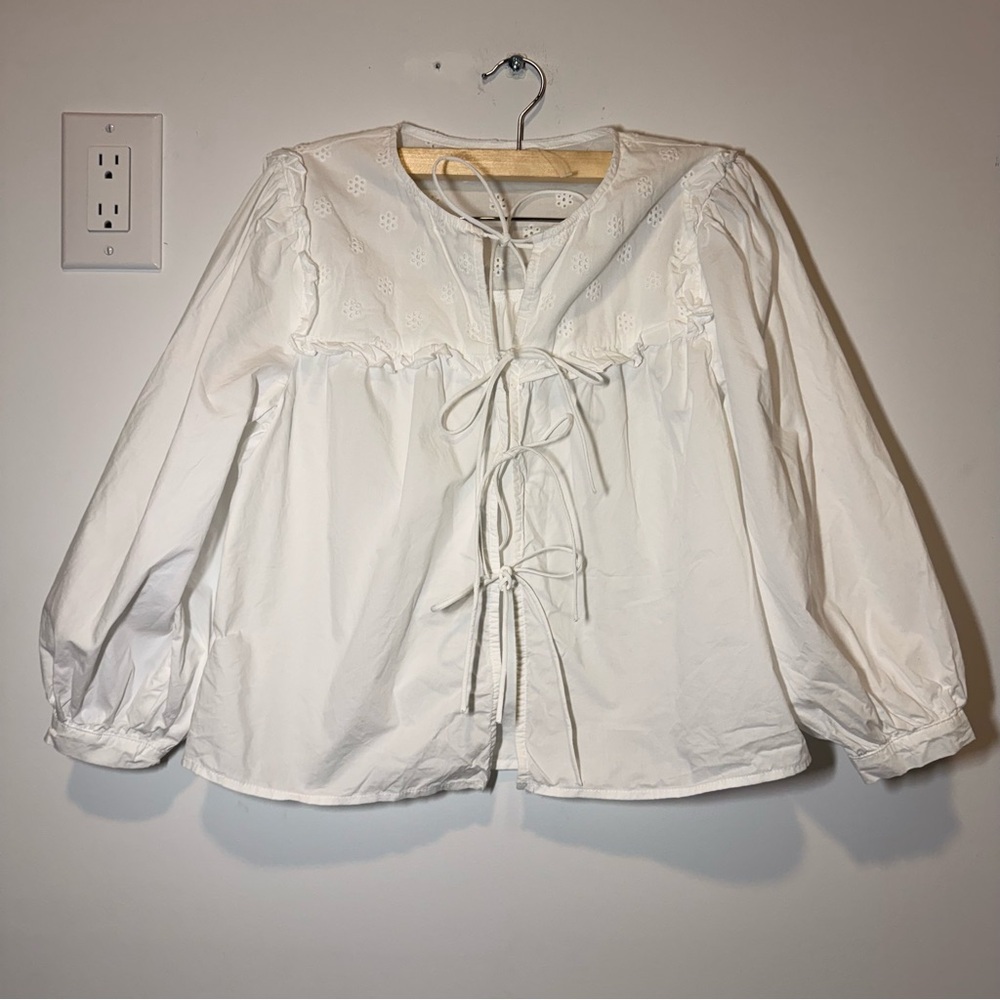 Storia Cotton White Tie-Front Blouse size S - Picture 3 of 9